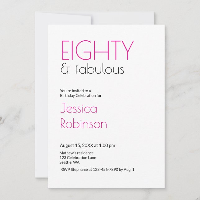 Invitation Quatre-vingts et Fabuleux Moderne Rose 80e Anniver (Devant)