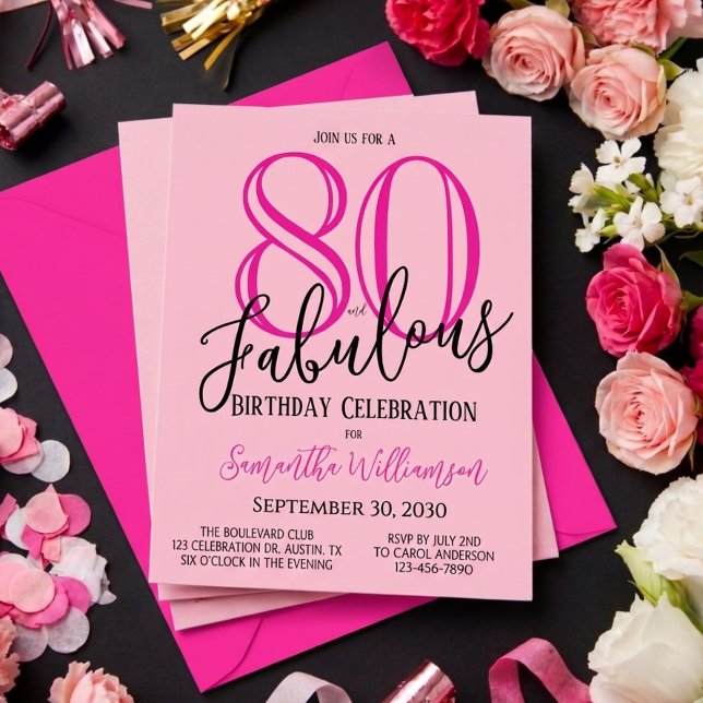 Invitation Quatre-vingts et Fabuleux Rose Pâle Noir 80e Anniv (Créateur téléchargé)