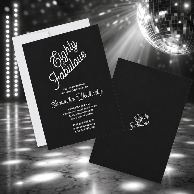 Invitation Quatre-vingts & Fabuleux Anniversaire Noir Blanc (Eighty & Fabulous Black White Birthday Invitation)