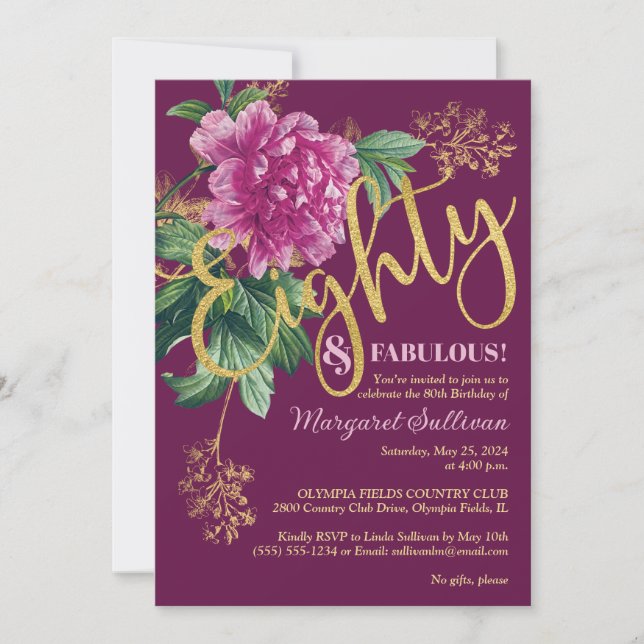 Invitation Quatre-vingts & Fabuleux Anniversaire Pivoine Rose (Devant)
