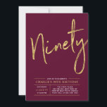 Invitation Quatre-vingts | Gold Burgundy Red 90th Birthday Pa<br><div class="desc">Célébrez votre journée spéciale avec cette simple et élégante invitation à la fête du 80e anniversaire. Ce design comprend un script de brosse "Ninety" avec une mise en page propre dans un combo de couleur rouge bordeaux et or. D'autres conceptions et fournitures de fête sont disponibles à ma boutique BaraBomDesign....</div>