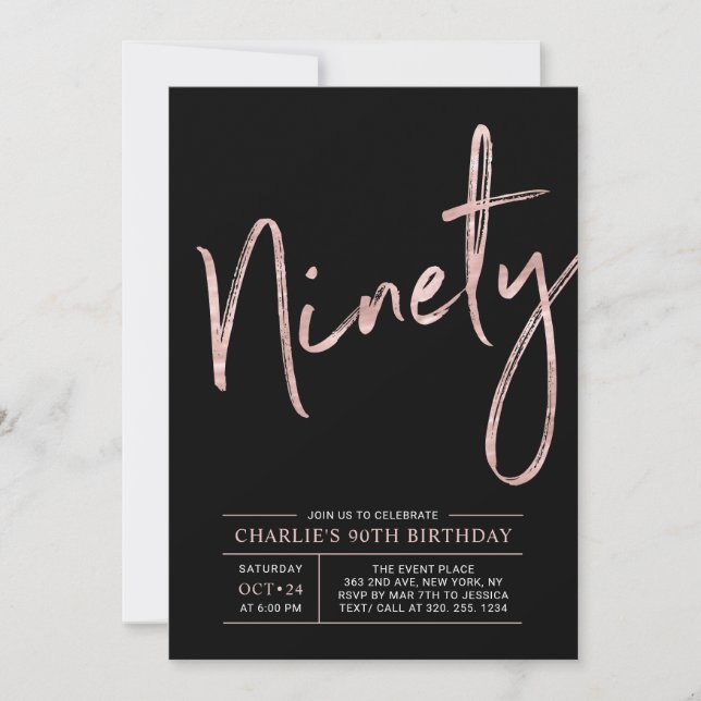 Invitation Quatre-vingts | Rose Gold & Black 90th Birthday Pa (Devant)