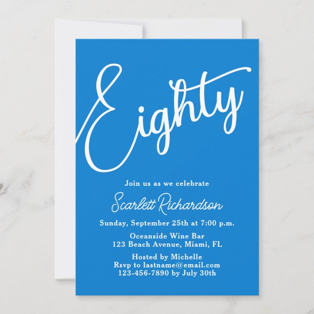 Invitation Quatre-vingts Script moderne bleu 80e fête d'anniv (Devant)