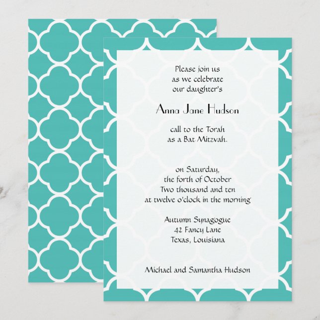 Invitation Quatrefoil bleu, Trellis marocain, Bat mitzvah (Devant / Derrière)