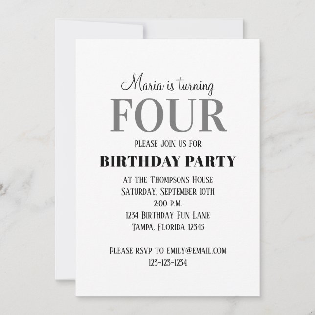 Invitation Quatrième anniversaire minimaliste Neutralité homm (Devant)