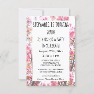 Invitation Quatrième fête d'anniversaire Pink Cherry Blossom