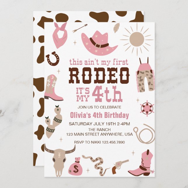 Invitation Quatrième Rodéo Western Cowgirl 4E Anniversaire (Devant / Derrière)