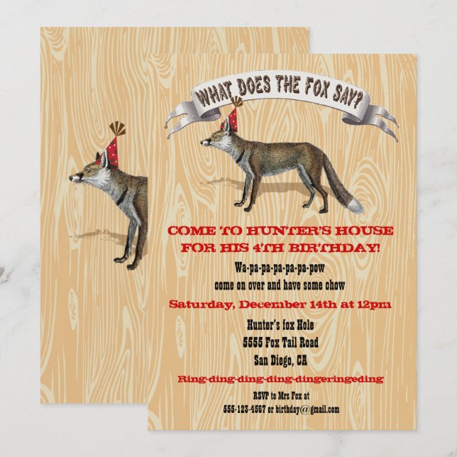 Invitation Que dit le renard à l'invitation de fête d'anniver (Devant / Derrière)