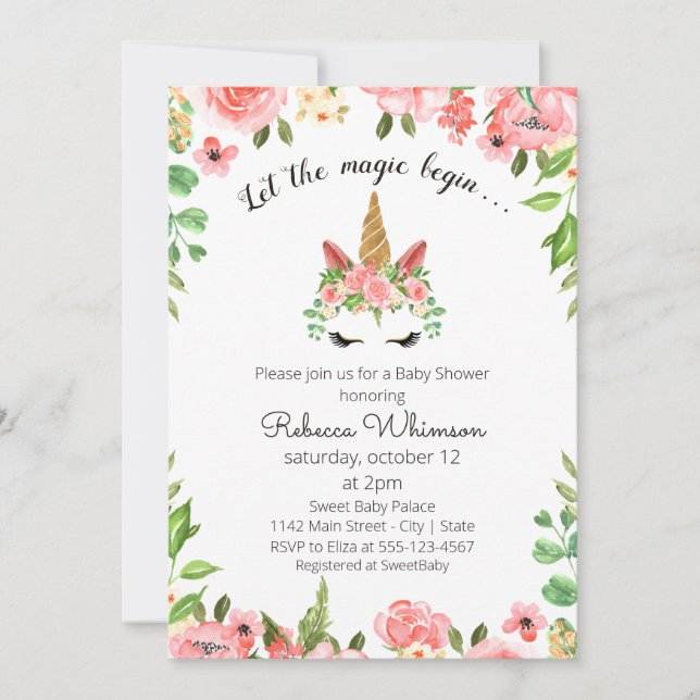 Invitation Que la Magie commence... Baby shower Unicorn migno (Devant)