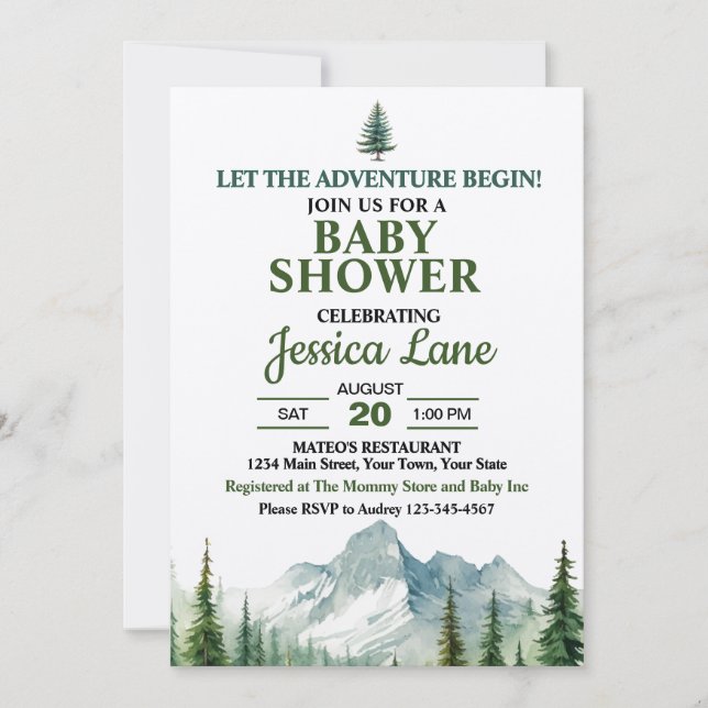Invitation Que l'aventure commence Baby Shower Rocky Mountain (Devant)