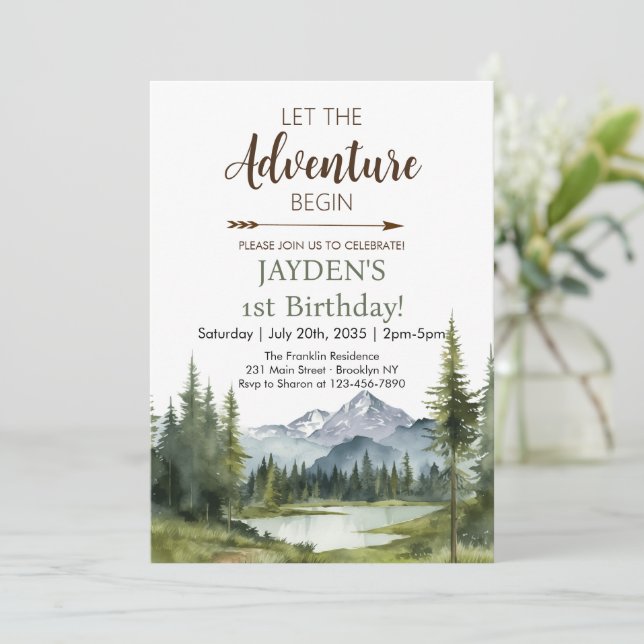 Invitation Que l'Aventure Commence Forêt Rustique 1er Anniver (Debout devant)