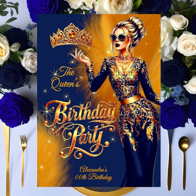 Invitation Queen Birthday Gold Orange Navy Blue Dress Party (Créateur téléchargé)