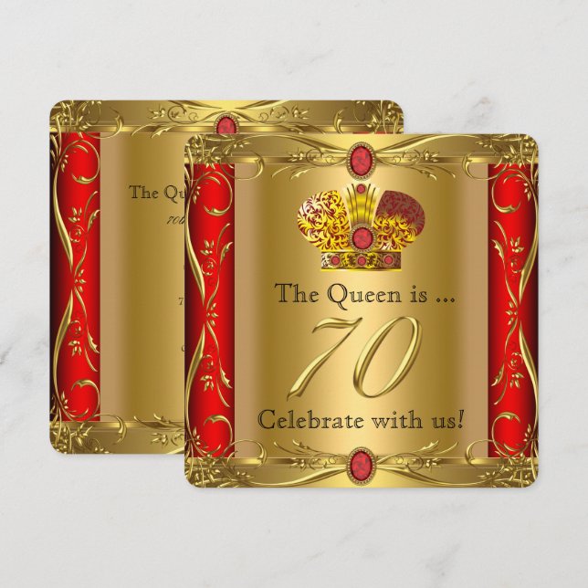 Invitation Queen King Regal Red Gold 70e fête d'anniversaire (Devant / Derrière)