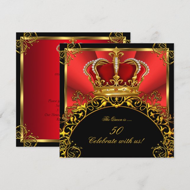 Invitation Queen King Regal Red Gold Royal Anniversaire Party (Devant / Derrière)