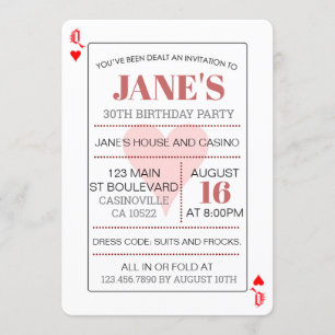 Invitation Queen of Hearts Poker Playing Cards Anniversaire