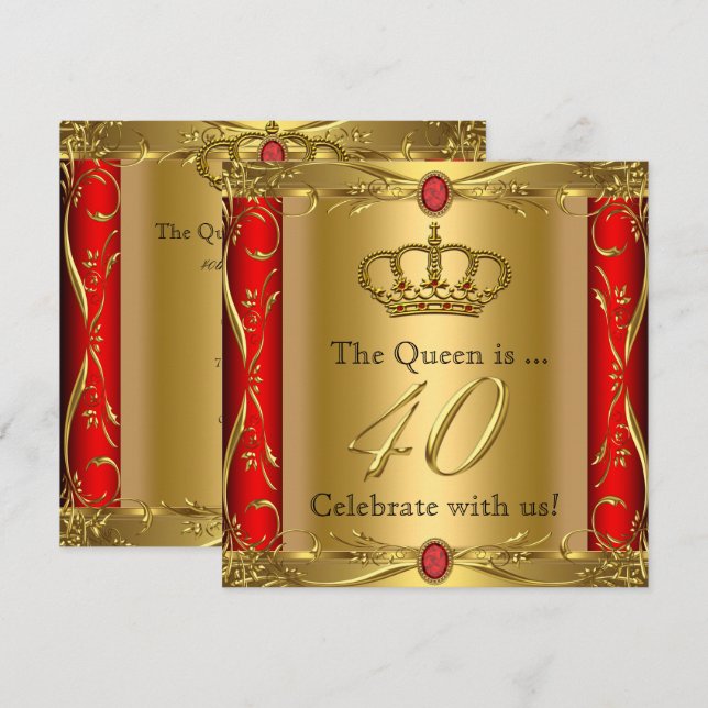 Invitation Queen ou King Regal Red Gold 40th Birthday Party (Devant / Derrière)