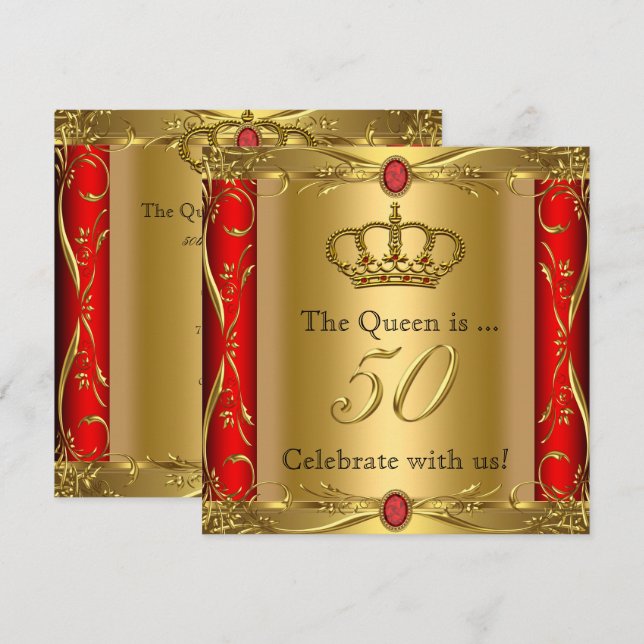 Invitation Queen ou King Regal Red Gold 50e fête d'anniversai (Devant / Derrière)