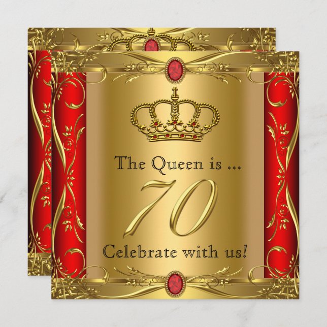 Invitation Queen ou King Regal Red Gold 70e fête d'anniversai (Devant / Derrière)