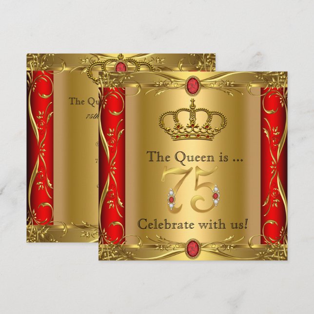 Invitation Queen ou King Regal Red Gold 75e fête d'anniversai (Devant / Derrière)