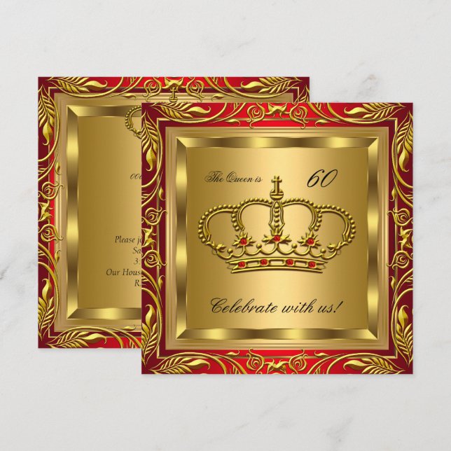 Invitation Queen ou King Regal Red Gold fête d'anniversaire (Devant / Derrière)