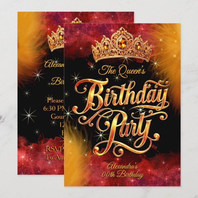 Invitation Queen Princess Birthday Gold Orange Red Party (Devant / Derrière)