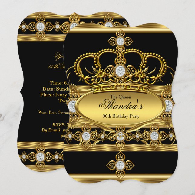 Invitation Queen Royal Gold Diamond Crown fête d'anniversaire (Devant / Derrière)