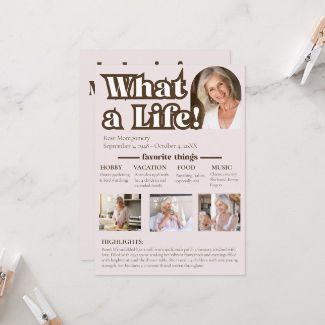 Invitation Quelle vie, en mémoire de, histoire d'un être aimé (Devant/Arrière en situation)