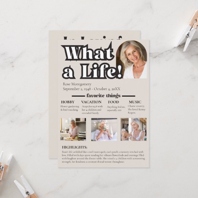 Invitation Quelle vie, en mémoire de, histoire d'un être aimé (Devant/Arrière en situation)