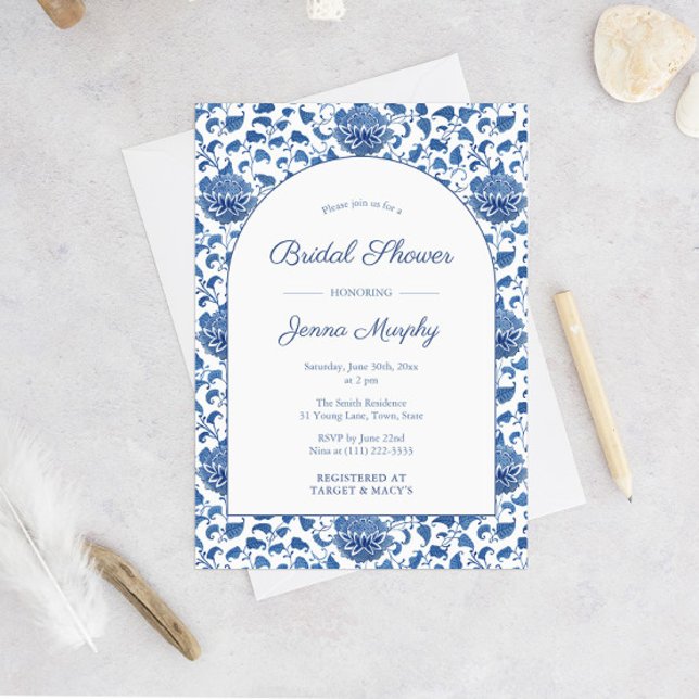 Invitation Quelque Chose de Bleu Antique Chinoiserie Mariage  (Arch Shape Blue And White Chinoiserie Pattern Bridal Shower Invitation)