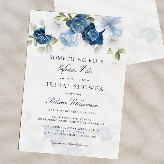 Invitation Quelque chose de bleu avant de faire Fête des mari (Dusty Blue Floral Bridal Shower Invitation)