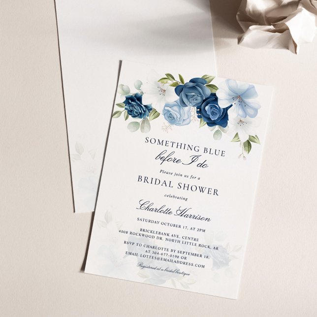 Invitation Quelque chose de bleu avant de faire Fête des mari (Something Blue Before I Do Watercolor Floral Script Bridal Shower Invitation)
