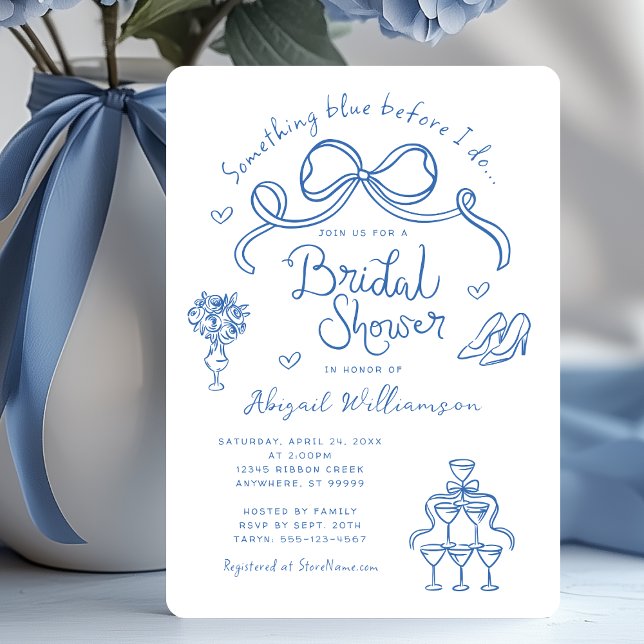 Invitation Quelque chose de bleu avant de faire Fête des mari (Shown on a 5" x 7" invitation with Rounded Corner Style)