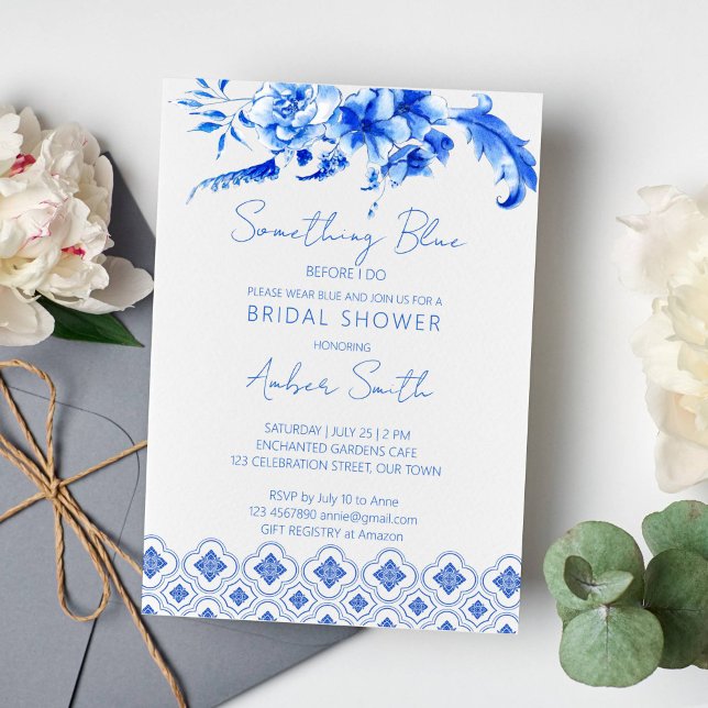 Invitation Quelque chose de bleu avant de faire nuptiale douc (Something blue before i do vintage Victorian botanical florals blue ornamental tiles bridal shower )