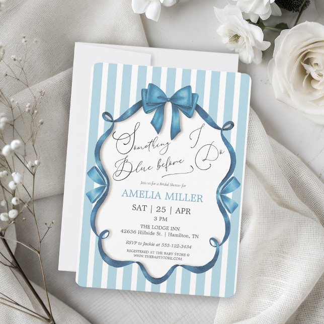 Invitation Quelque chose de bleu avant que je fasse un nœud p (Something Blue Before I Do Blue Bow Croquet Bridal Shower Invitation)