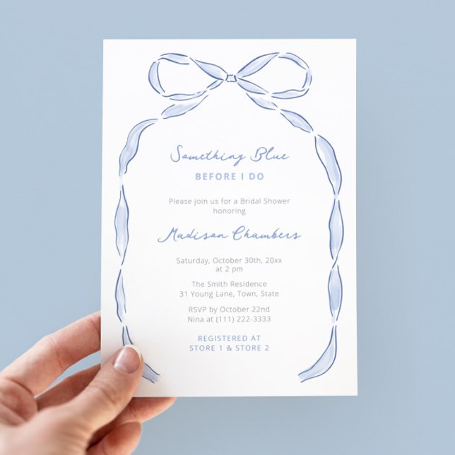 Invitation Quelque chose de bleu avant que je ne fasse Fête d (Whimsical hand drawn bow and handwritten font Something Blue Before I Do Bridal Shower invitations)