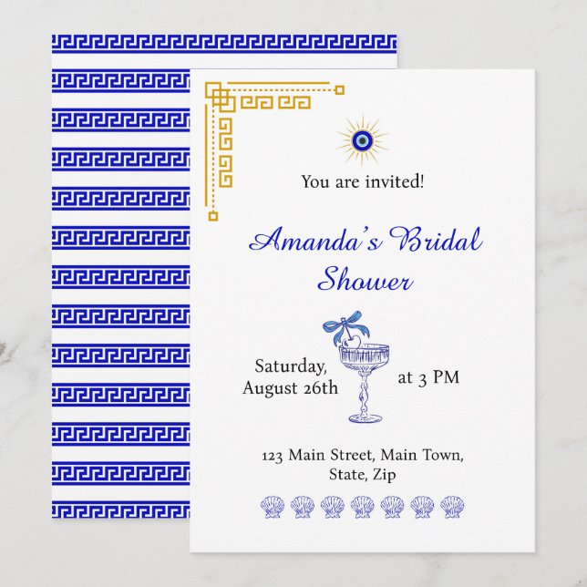 Invitation Quelque chose de bleu et fête prénuptiale grecque (Devant / Derrière)