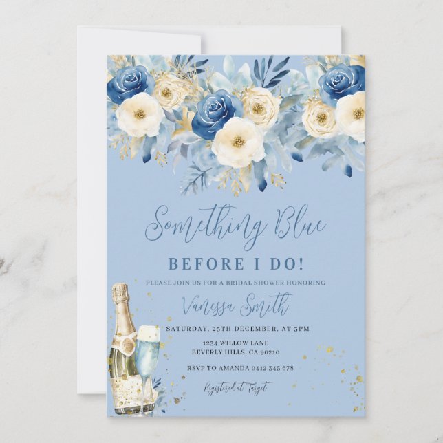 Invitation Quelque Chose de Bleu Floral Baby Shower  (Devant)