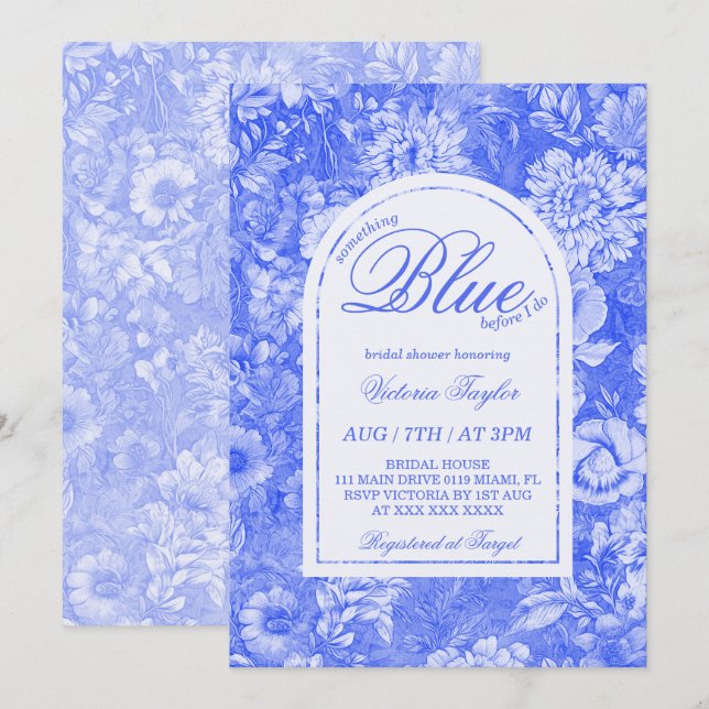Invitation Quelque Chose de Bleu Floral Bridal Shower (Devant / Derrière)
