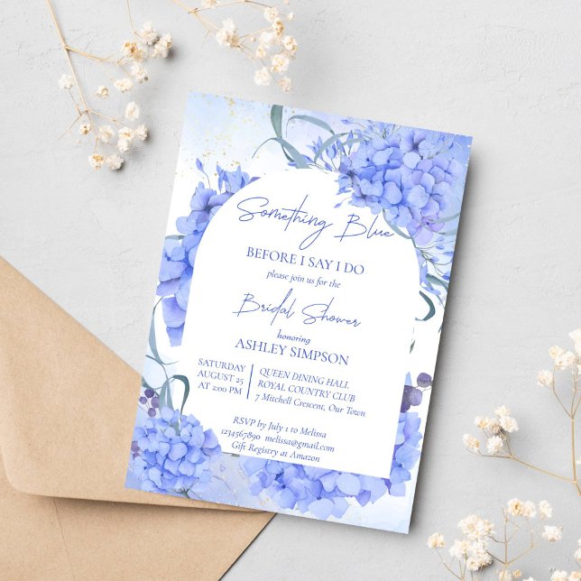 Invitation Quelque chose de bleu hydrangée élégante douche nu (Something blue hydrangeas bridal shower invitation template, elegant modern casual script)