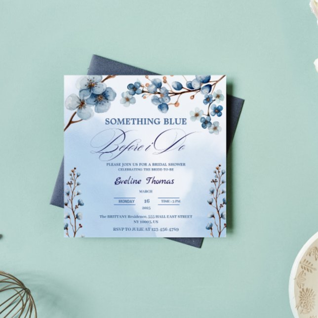Invitation Quelque Chose de Bleu Je Fleuris Brunch Enterremen ( Something Blue Before I Do Bridal typography watercolor modern elegant calligraphy script brunch)