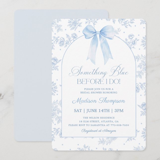 Invitation Quelque Chose de Bleu Nœud Papillon Toile de Jouy  (Devant / Derrière)
