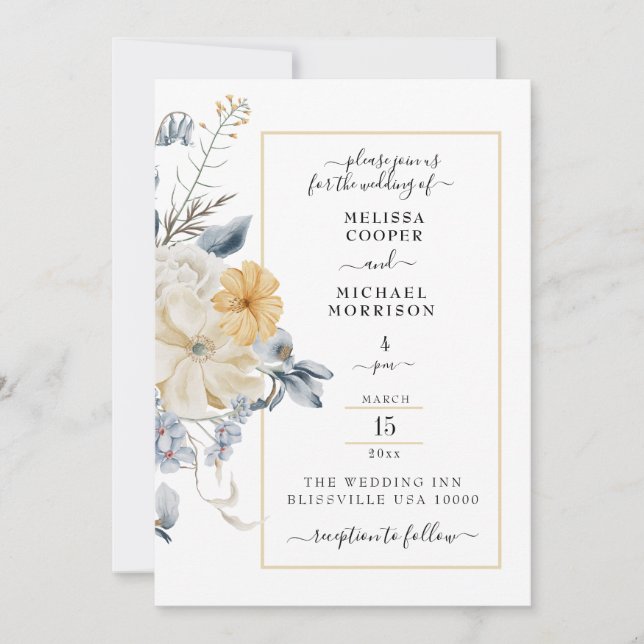 INVITATION QUELQUE CHOSE DE BLEU, PASTEL FLORAL SUR MARIAGE B (Devant)