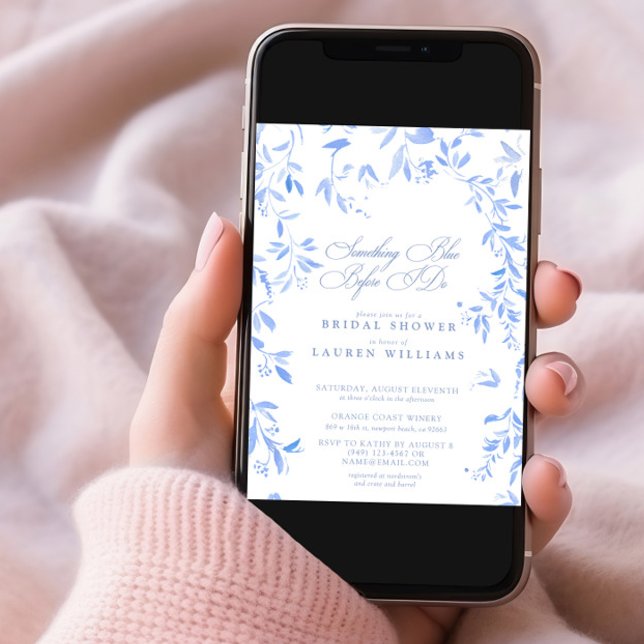 Invitation Quelque chose de bleu QR Code Floral Script Fête d (Créateur téléchargé)