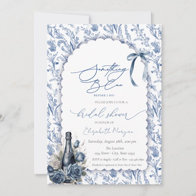 Invitation Quelque Chose De Bleu Ruban Roses Fleuris Bouteill (Devant)