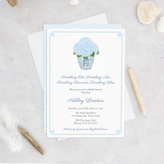 Invitation Quelque chose de Blue Hydrangea Ginger Jar Fête de (Pale blue hydrangea in ginger jar Something Old, Something New, Borrowed, Blue, Bridal Shower Invite)