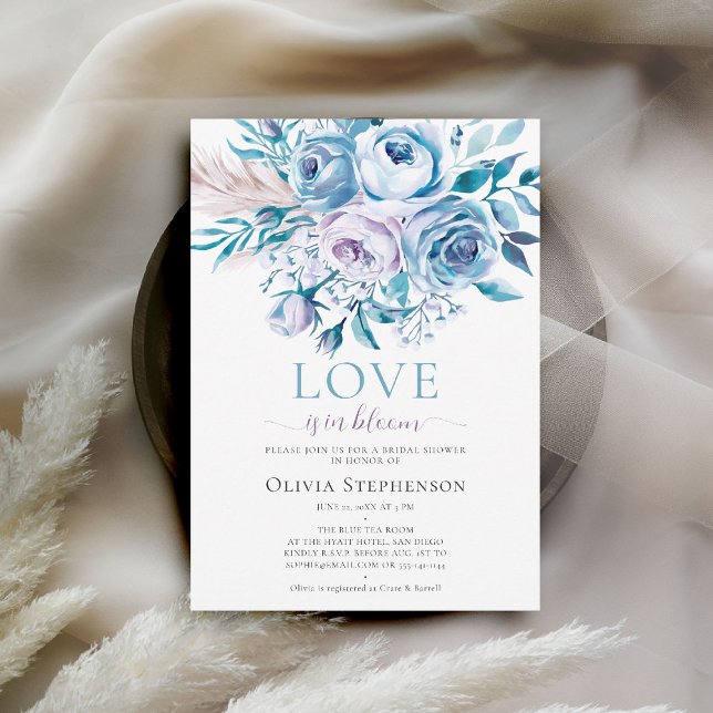 Invitation Quelque chose de Blue Lavender Ombre Roses Fête de (something blue bridal shower invitation floral roses boho pampas grass love in bloom dusty blue)