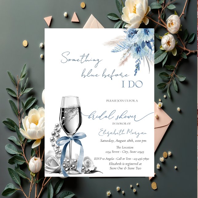 Invitation Quelque chose de floral bleu Nœud Perles et Prosec (Créateur téléchargé)