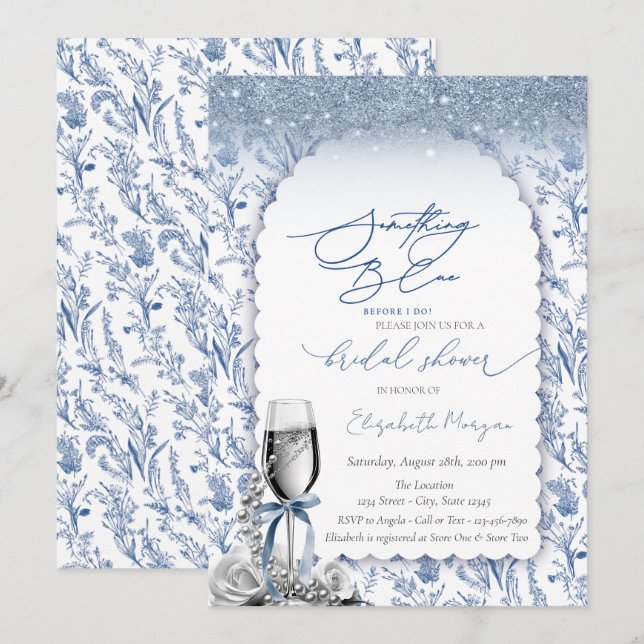 Invitation Quelque Chose De Ruban Bleu Paillettes Champagne F (Devant / Derrière)