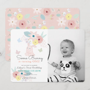 Invitation Quelques Bunny Pink Floral Photo 1er anniversaire