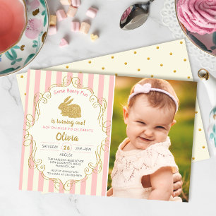 Invitation Quelques Bunny Pink & Gold Parties scintillant Pho